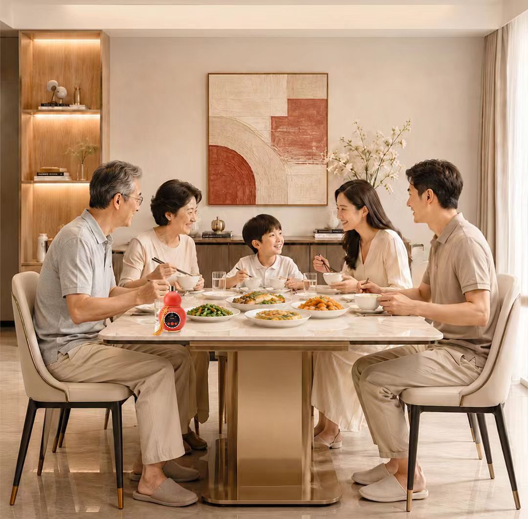 一家人围坐餐桌，共享家庭健康档案