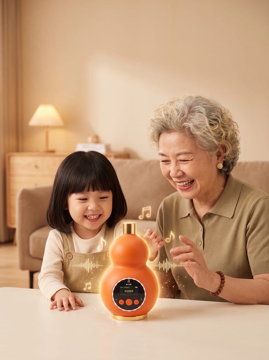 奶奶和孙女一起与小易玩耍