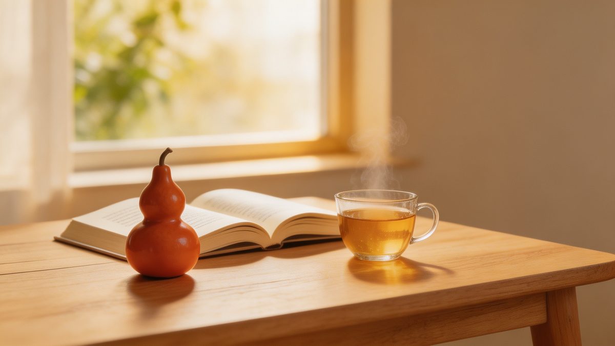 午后阳光下的葫芦与茶盏